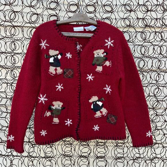 Vintage 90s Croft and Borrow Red Silk Knit Cardigan Sweater Winter Teddy Bear SM - Picture 1 of 5